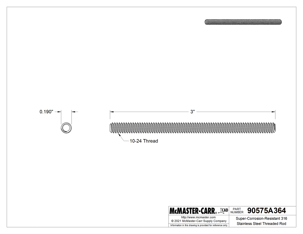 Technical Drawing of Super-Corrosion-Resistant 316 Stainless Steel Threaded Rod, 10-24 Thread Size, 3" Long.
